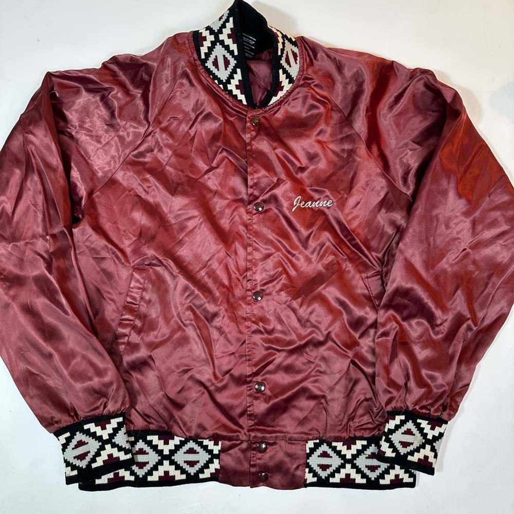 Vintage Hollywood movie Satin Red Bomber Jacket with Geometric Collar